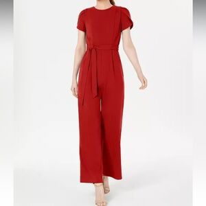 Red Calvin Klein Belted Puff-Sleeve Jumpsuit, Size 4
